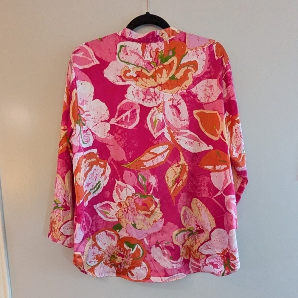 Natori Floral Boho Coastal Elegant V-Neck Blouse Pink Orange Watercolor Bloom - Picture 3 of 16